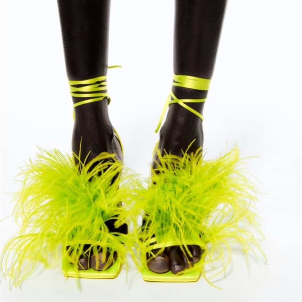 ZARA Neon Green Yellow Feather High Heel Sandals